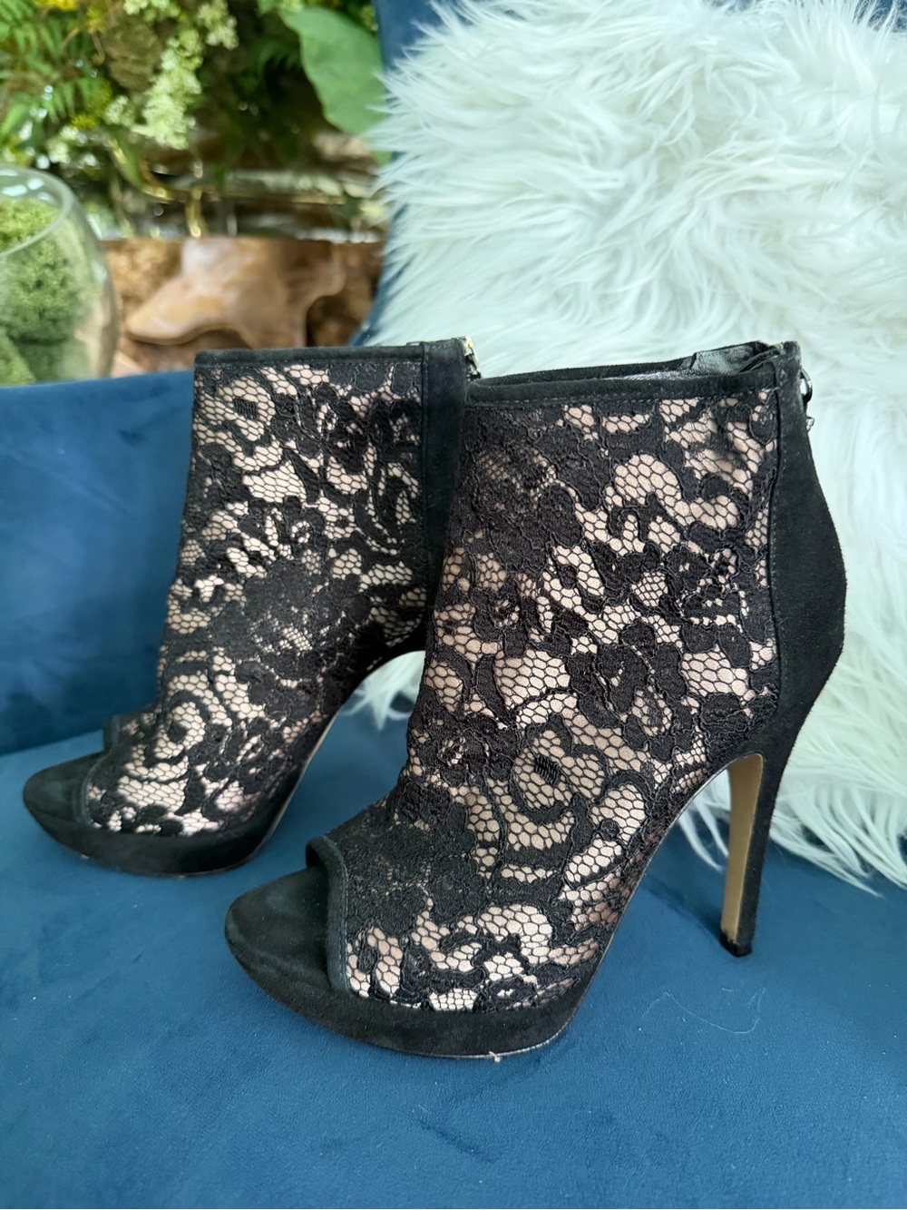 Via Spiga Black Lace Peep-Toe Ankle Booties